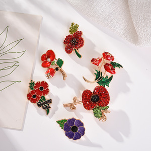 Custom Zinc Alloy Gold-Plated Poppy <strong>Brooch</strong> Wholesale-Red Enamel Rhinestone Inspired by Princess Kate of the <strong>UK</strong> - Product Image 5