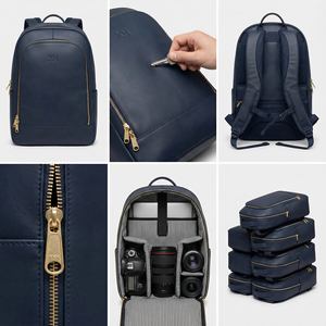 Zaino in Pelle Blu Navy Opaco OEM/ODM, Zaino per Fotocamera in Pelle Pieno Fiore Personalizzato con Logo in Rilievo - Product Image 2