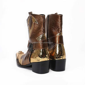 מגפי עור עגל בצבע זהב, יוניסקס, לנשים, עקב בלוק, נעלי עור אלגנטיות, לגברים, נעלי עור משובצות, אבזם מתכתי, מגפי צ'לסי אלגנטיים - Product Image 6