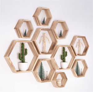 Estante de Pared de Madera Montada EN LA Pared, Estante de Almacenamiento Flotante Hexagonal de Paulownia, Color Marrón Claro - Product Image 1
