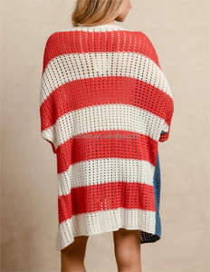Cardigan en crochet pour femmes, drapeau américain, étoiles et rayures patriotiques, ajouré, kimono, couvre-vêtement, <span class=keywords><strong>4</strong></span> juillet, vêtements <span class=keywords><strong>de</strong></span> plage d'été, pull - Product Image 4