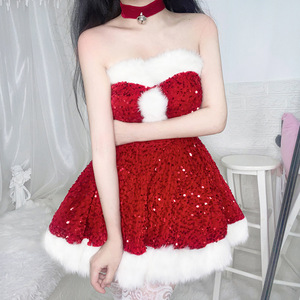 Christmas Costume Set Women Strapless <b>Sequined</b> Dress With Fur Trim Sexy Party Outfit <b>Red</b> White - Product Image 1