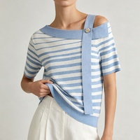 T-shirt en tricot élégant pour femmes de bureau Tyan, col épaules dénudées, détail épingle en cristal, rayé et couleur unie, tee-shirt d'été en tricot