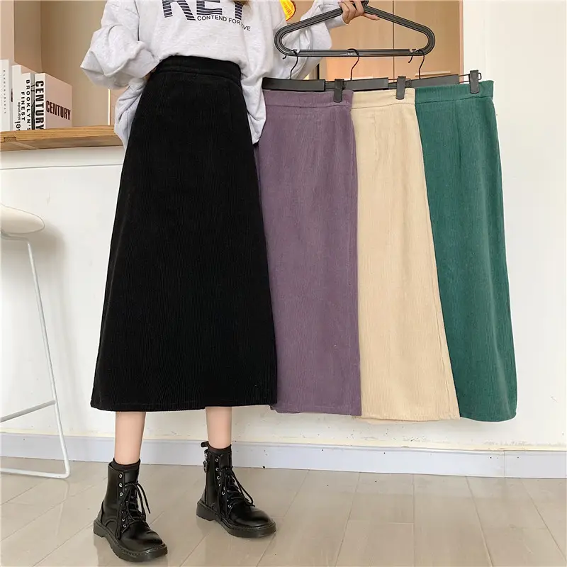 Corduroy skirt women autumn and winter high waist thin A line long slit hip skirt cover crotch black/green/apricot/purple skirt