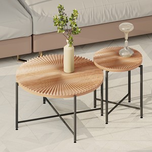 Set di tavolini da caffè e tavolini laterali in 2 pezzi con motivo radiale, MDF impermeabile con rivestimento in PVC, design cilindrico anticato, metallo nero - Product Image 1