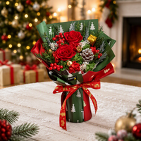 Bouquet de fleurs séchées et préservées de Noël rouge et vert luxueux et éternel, cadeau décoratif