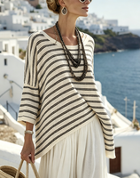 Ensemble deux pièces pour femmes, tunique asymétrique en lin mélangé à rayures vintage, jupe longue fluide, blanc, respirant, vêtements de plage d'été