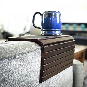 Plateau de canapé en bambou brun avec finition laquée, support pliable à un seul niveau pour accoudoir de canapé, pour la vaisselle, les collations et les boissons dans le salon - Product Image 2