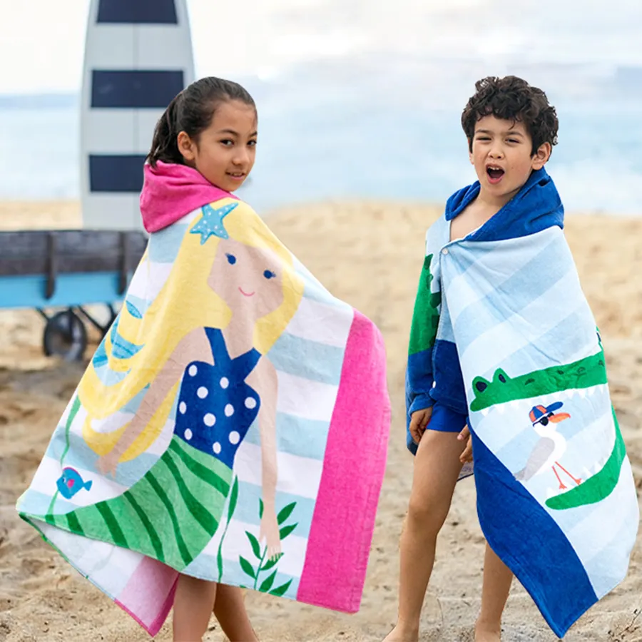 Handuk katun tidak pudar handuk pantai 100% katun anak-anak bertudung handuk pantai