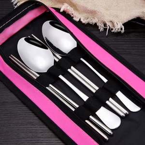 Outdoor Modern Eco-Friendly Matte Stainless Steel Travel Cutlery <b>Set</b> Bag with Bowl Spoon <b>Chopsticks</b> for Back to School - Product Image 4