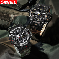 Montre de sport numérique SMAEL 8072MC unisexe, quartz, chronomètre, alarme, aiguilles lumineuses, design camouflage, étanche 50 bars, 51 mm, plongée