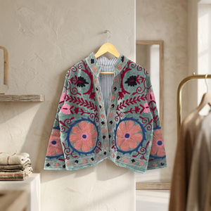 Floral Embroidered Cotton <b>Jacket</b> <b>Women</b> Stand Collar Full Sleeve Prairie Chic <b>Spring</b> Outerwear Handmade Open Stitch Suzani Coat - Product Image 1