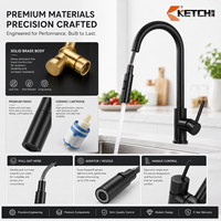 Robinet de cuisine contemporain avec douchette extractible, monocommande, col de cygne haute, finition brossée en laiton