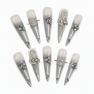 Faux ongles à presser dégradé argenté avec colle, pointes en feuille, strass et cristaux pour doigts - Product Image 3