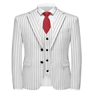 Costume formel 3 pièces à rayures fines blanches pour hommes, coupe ajustée, blazer, gilet, pantalon, pour mariage, marié, affaires, soirée, costume de gentleman - Product Image 1