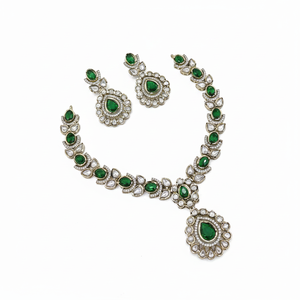 High Quality Traditional Ethnic Antique Gold Plated Zircon Flower Design Necklace Set Earrings Maang Tikka <b>Indian</b> Wedding Party - Product Image 2