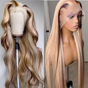 13x4 rambut manusia Brasil wig depan renda Hd ketebalan 180% wig highlight rambut Virgin wig warna mentah 10A untuk WANITA HITAM