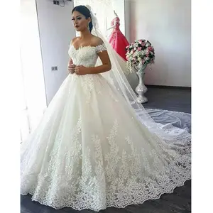 High quality Beaded Appliqued Cathedral Train Off the shoulder plus size customized Lace Ball gown Bridal wedding dress MWA208