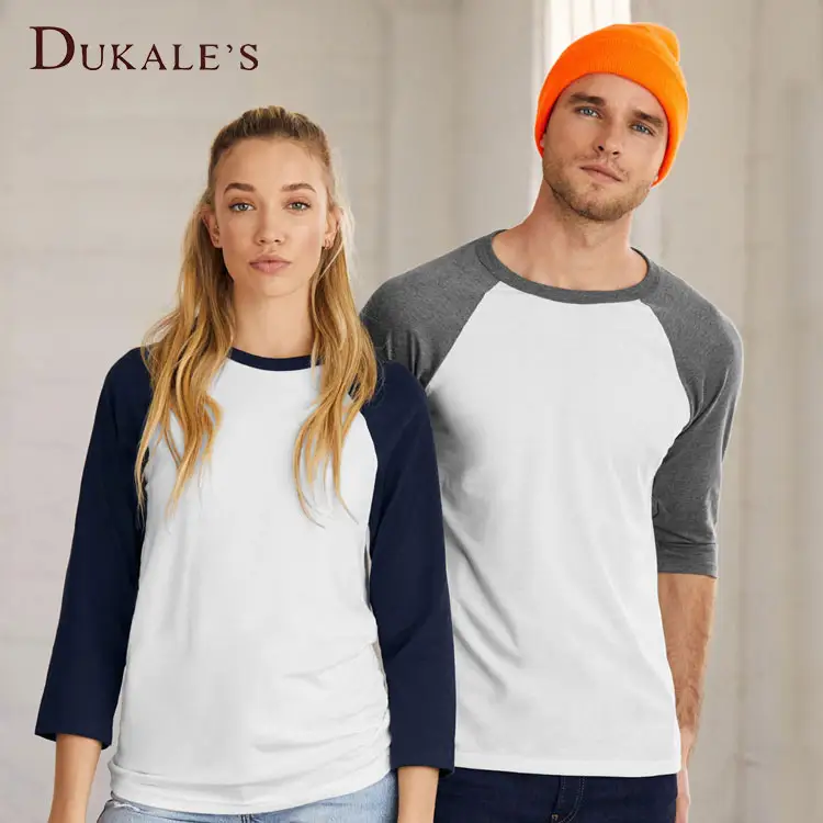 Dukale's 100% 코튼 160g 라글란 슬리브 t 셔츠 여성 키 큰 맞춤 tshirt 패치 워크 3/4 슬리브 빈 야구 남자 티셔츠
