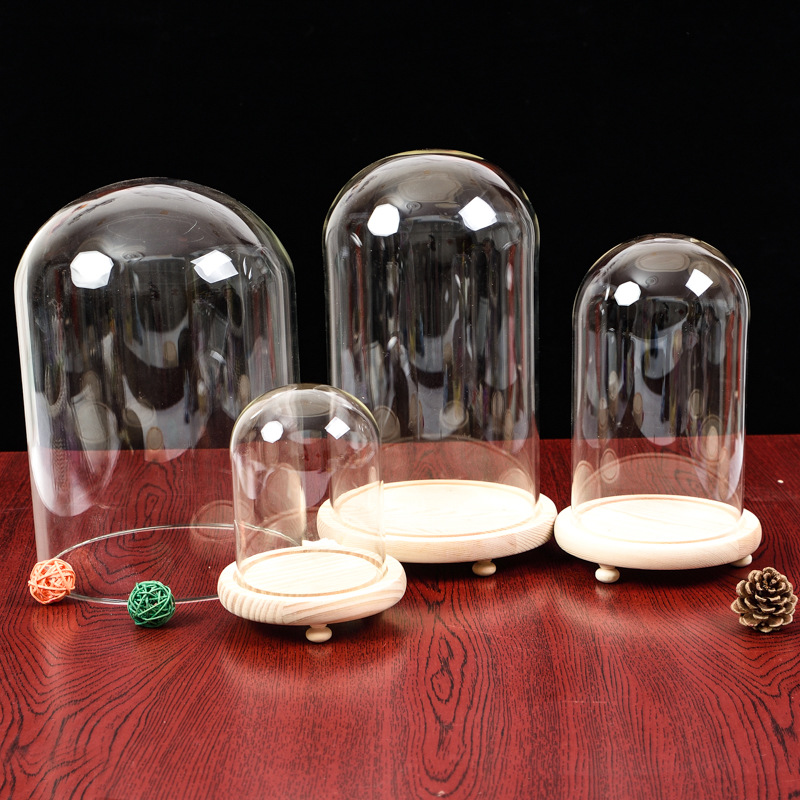Factory Wholesale Custom Large Bell Glass Cloche Clear Glass Dome house With Wood Base for flower preserved