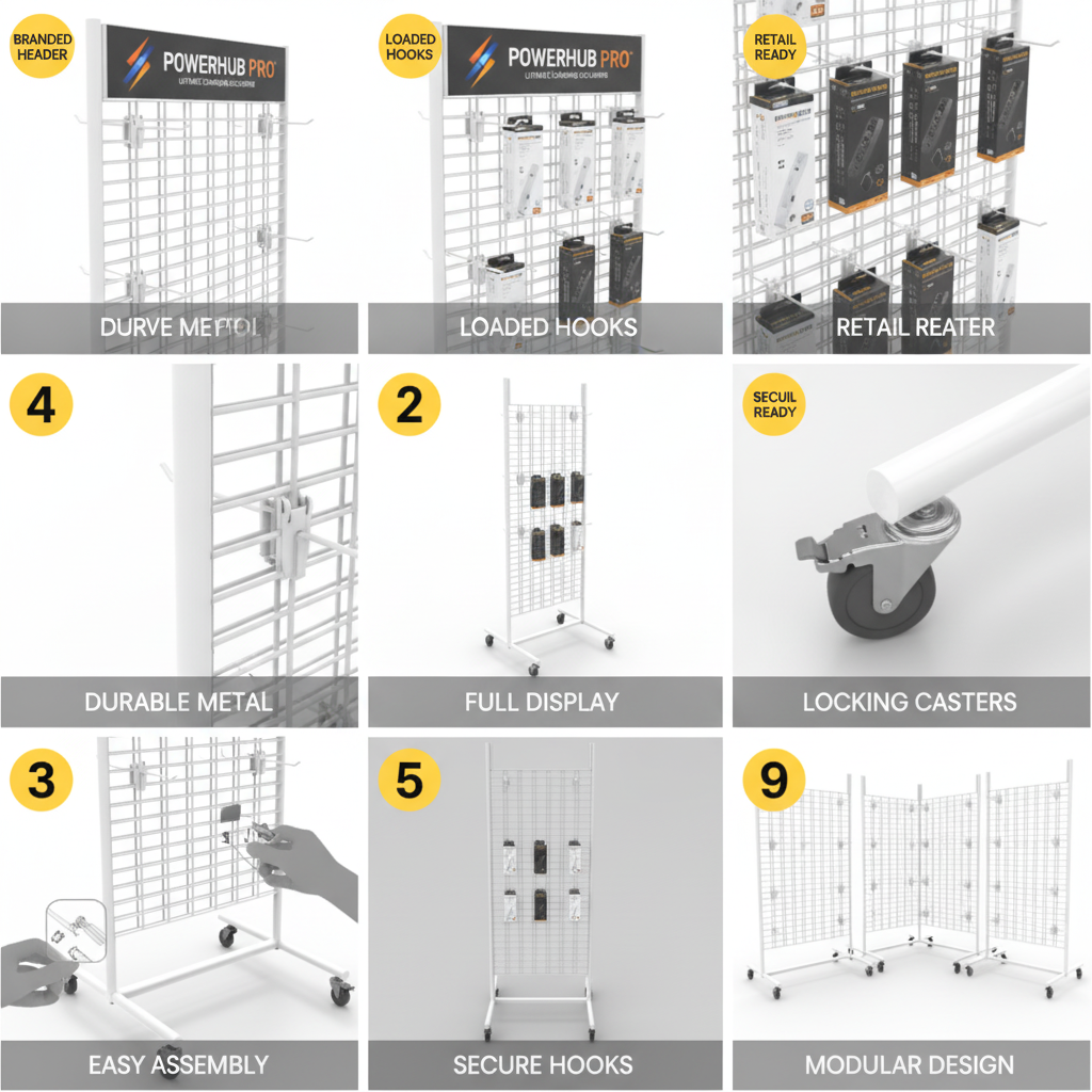 Custom Metal Grid Display Stand Tool Storage Power Strip Rack Organizer With Wheels for Retail — view 5