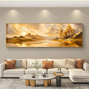 Grande Décoration Murale Paysage Montagne Lagon au Lever du Soleil Doré, Peinture sur Porcelaine Cristalline, Cadre en Alliage d'Aluminium, Art Mural pour Maison et Hôtel - Product Image 1