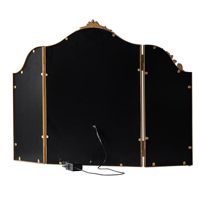 Miroir de maquillage Art Déco doré sculpté en forme d'arche, pliable en trois parties, avec lumière LED tricolore et interrupteur tactile, 31x23 pouces