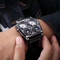Jam Tangan Pria Oulm 1140 Dua Zona Waktu Gaya Fashion Ukuran Besar Jam Quartz Tali Kulit Asli Pria Jam Tangan Bercahaya