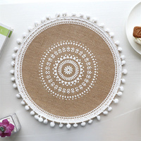 Tapis de Table de salle à manger en Jute tissé bohème, 38cm, imperméable, rond, avec boule de coton, vente en gros