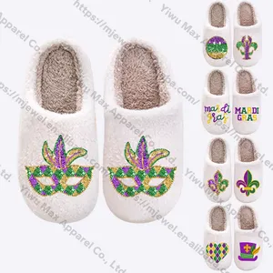 Mardi Gras zapatos patrón personalizado logo zapatillas bordadas mullidas acogedoras peludas Zapatillas de casa para las mujeres