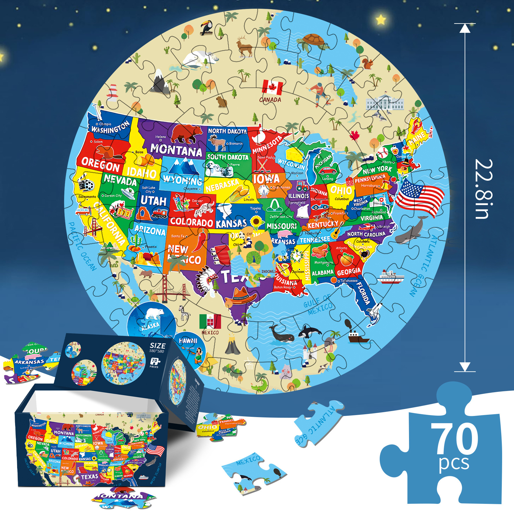 70 pieces round blue card map puzzle
