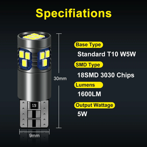 W5W T10 Auto LED Ampoule 168 194 Canbus ni Error Free 18SMD 3030 Car Signal Lights Clearance License Plate Lamp 6000K White 12V - Product Image 3