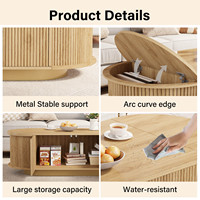 Table basse ovale à tambour cannelé avec logo personnalisé, design en bois à lattes, panneau latéral incurvé à bords arrondis, base plinthe, pour salon