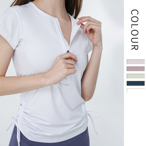 Women Slim Fit Half <b>Zipper</b> Athletic T-Shirt Adjustable Side Drawstring Yoga <b>Top</b> Breathable Running Sports Pilates Shirts OEM ODM - Product Image 1