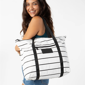 Sacs fourre-tout mignons 2026 – Sac fourre-tout à fermeture éclair à rayures fines blanc sur noir – Sac de plage – Facile à nettoyer – Sac de courses réutilisable - Product Image 1
