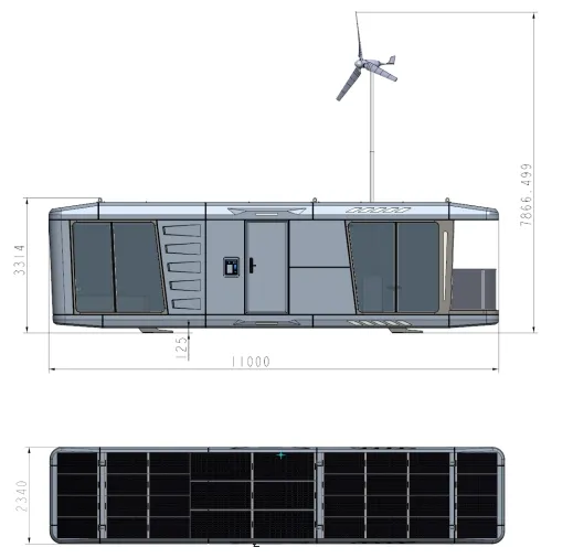 นักเต้นมารีนพลังงานสีเขียว 4KW พลังงานแสงอาทิตย์ 2KW พลังงานลมบ้านแคปซูลสําเร็จรูปบ้านโดยสารสําหรับโรงแรมรีสอร์ท