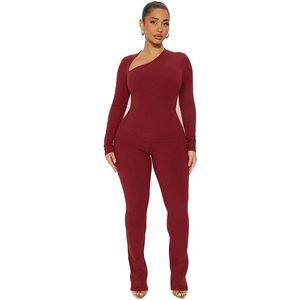 Conjunto de Suéter Personalizado para Mujer 2026, Manga Larga, Cuello Irregular, Color Sólido, Pantalones Elásticos, Tejido Transpirable, Atuendos de Otoño - Product Image 4