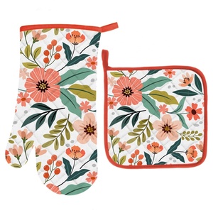 Tùy Chỉnh Thiết Kế Mới Hoa In Mô Hình <span class=keywords><strong>Polyester</strong></span> Bông Đầu Bếp Nấu Ăn Tạp Dề Và Nhà Bếp Khăn Lò Găng Tay Và Nồi Chủ Thiết Lập - Product Image 5