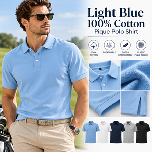 Light <b>Blue</b> 100 Cotton Plain Pique <b>Polo</b> <b>Shirt</b> Men's Short Sleeve Breathable Custom Logo Golf <b>Polo</b> OEM ODM Premium Casual Wear - Product Image 1