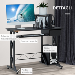 HOMCOM-Escritorio de oficina de acero y madera para ahorrar espacio, con cajón, bandeja extraíble para teclado, 90x50x100 cm, color negro - Product Image 4