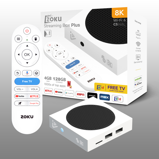 Newest Zoku C5MAX Voice Remote Allwinner H618 Android 14 TV Box 128GB 4K Ultra HD WiFi6 Live Streaming OTT Set-top Box Ready
