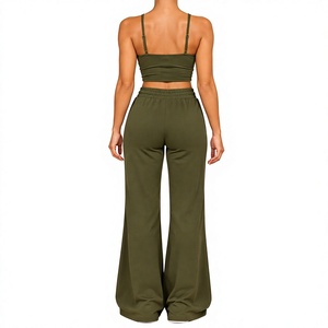 Ensemble de deux pièces assorties pour femmes, haut court torsadé vert olive et pantalon large - Product Image 3