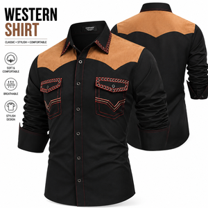 Chemise Western Homme Style Country avec Contre-pan Contrastant Brodé Double Poche Manches Longues Chemise de Cowboy Ranch Logo Personnalisé - Product Image 2
