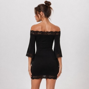 Vestido Mini Ajustado de Mujer con Hombros Descubiertos, Ribete de Encaje, Manga 3/4, Color Sólido, Cintura Natural, Elegante y Casual para Verano - Product Image 3