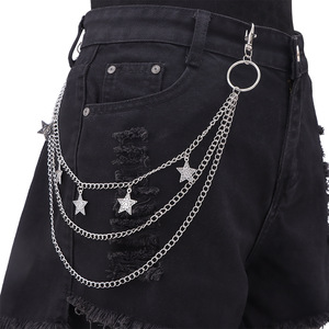 Chaîne de pantalon punk hip-hop avec pendentif étoile, chaîne de taille double anneau en argent tibétain, chaîne de corps décontractée et tendance - Product Image 1
