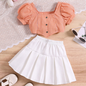 Conjunto de 2 Piezas para Niñas, Top Corto con Mangas Abullonadas a Cuadros y Falda Plisada, <span class=keywords><strong>Ropa</strong></span> de Verano para Niños, Venta al Por Mayor, Compatible con OEM y ODM - Product Image 5