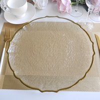 Assiette de présentation en verre transparent à bord doré pour mariage, avec motif tournesol unique et bord ondulé, pour la décoration de table