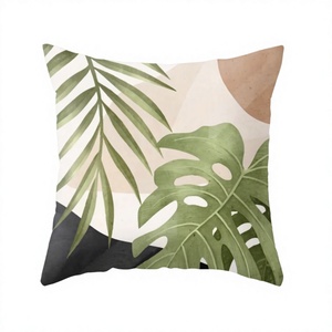 Housse de coussin carrée en coton style bohème, motif géométrique vintage fantaisie, impression numérique fleurs et plantes, fermeture éclair - Product Image 1