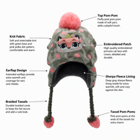 Bonnet enfant personnalisé avec logo, gris, vert camouflage, rose à pois, broderie renard, cache-oreilles, doublure polaire, pompon, chaud pour l'hiver, pour fille