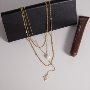 Collares de cadena en capas con dijes de perlas naturales y circonitas para mujer, collares apilados de acero inoxidable con cadena en Y para clavícula, joyería. - Product Image 4